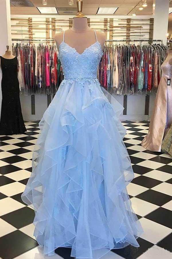 Sky Blue Ruffle Skirt Prom Dresses ...